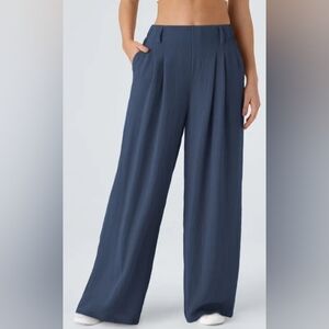 HALARA Women's Wide Leg Pleated Pants Size Medium NEW Blue Cotton Pleated